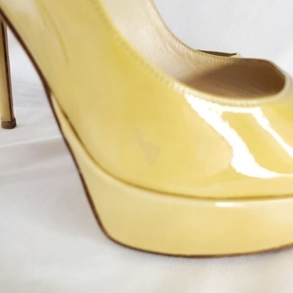 Jimmy Choo Patent Leather Luna “Nude” Tan Crown Open Toe Platform Pump Heel, 37 - Picture 14 of 14